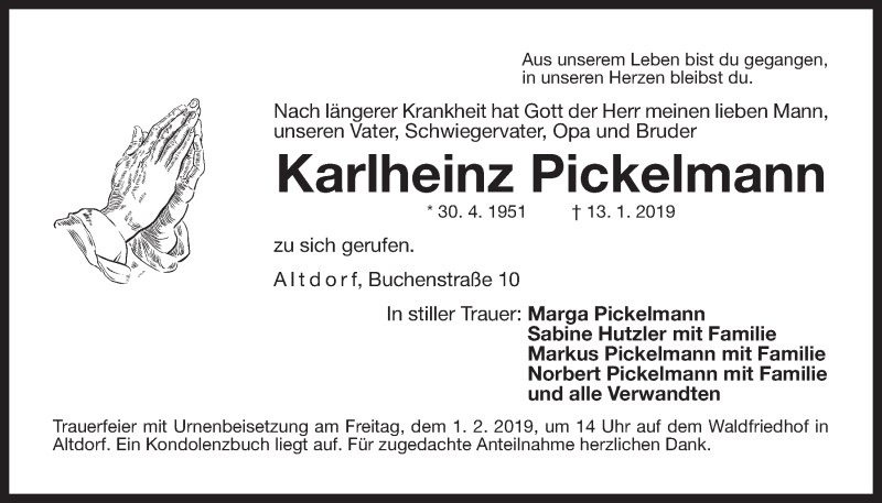  Traueranzeige für Karlheinz Pickelmann vom 30.01.2019 aus Der Bote