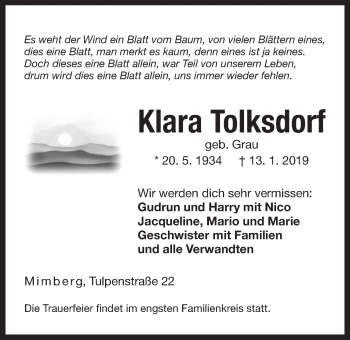 Traueranzeige von Klara Tolksdorf von Der Bote