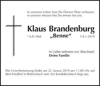 Traueranzeige von Klaus Brandenburg von Pegnitz-Zeitung