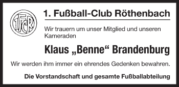 Traueranzeige von Klaus Brandenburg von Pegnitz-Zeitung