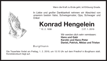 Traueranzeige von Konrad Hengelein von Der Bote
