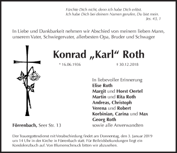 Traueranzeige von Konrad Karl Roth von Hersbrucker Zeitung