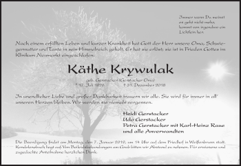 Traueranzeige von Käthe Krywulak von Der Bote