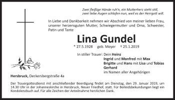 Traueranzeige von Lina Gundel von Hersbrucker Zeitung