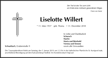 Traueranzeige von Liselotte Willert von Pegnitz-Zeitung