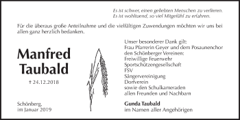 Traueranzeige von Manfred Taubald von Pegnitz-Zeitung