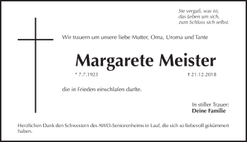 Traueranzeige von Margarete Meister von Pegnitz-Zeitung