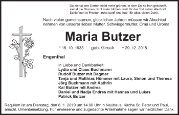 Traueranzeige von Maria Butzer von Hersbrucker Zeitung