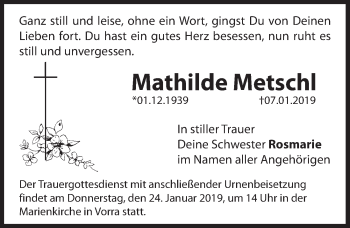 Traueranzeige von Mathilde Metschl von Hersbrucker Zeitung