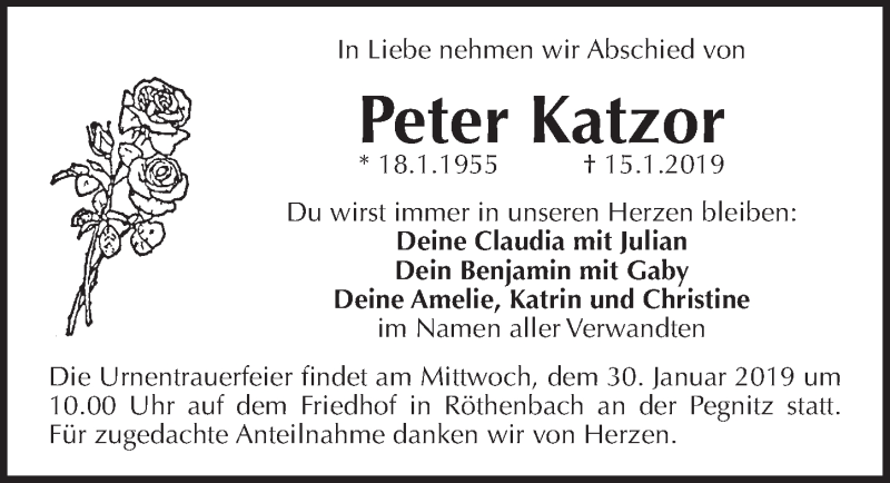  Traueranzeige für Peter Katzor vom 26.01.2019 aus Pegnitz-Zeitung