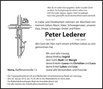 Traueranzeige von Peter Lederer von Hersbrucker Zeitung