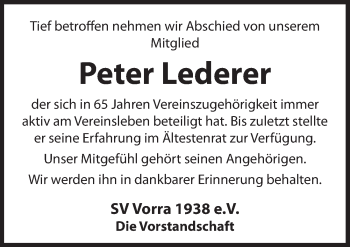 Traueranzeige von Peter Lederer von Hersbrucker Zeitung