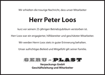 Traueranzeige von Peter Loos von Hersbrucker Zeitung
