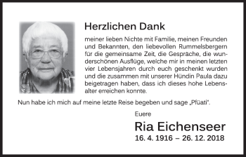 Traueranzeige von Ria Eichenseer von Der Bote