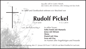 Traueranzeige von Rudolf Pickel von Pegnitz-Zeitung