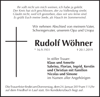 Traueranzeige von Rudolf Wöhner von Pegnitz-Zeitung