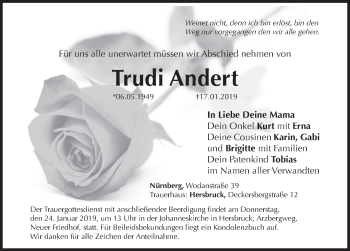 Traueranzeige von Trudi Andert von Hersbrucker Zeitung