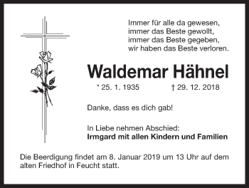 Traueranzeige von Waldemar Hähnel von Der Bote