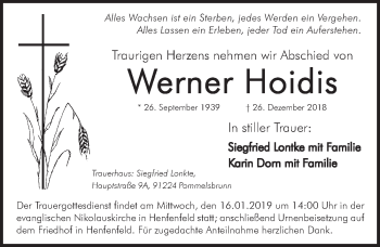 Traueranzeige von Werner Hoidis von Hersbrucker Zeitung