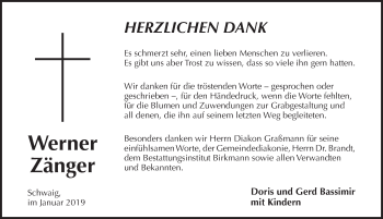 Traueranzeige von Werner Zänger von Pegnitz-Zeitung