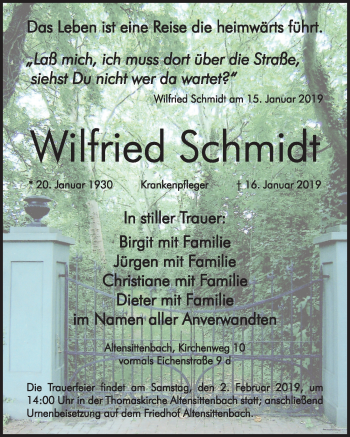 Traueranzeige von Wilfried Schmidt von Hersbrucker Zeitung