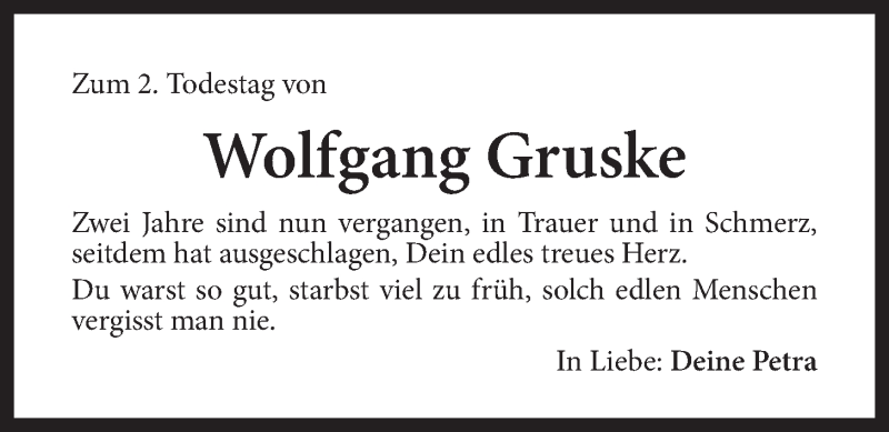  Traueranzeige für Wolfgang Gruske vom 21.01.2019 aus Der Bote