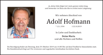 Traueranzeige von Adolf Hofmann von Pegnitz-Zeitung