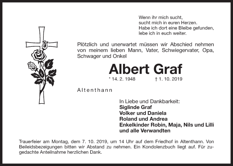  Traueranzeige für Albert Graf vom 03.10.2019 aus Der Bote