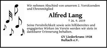 Traueranzeige von Alfred Lang von Pegnitz-Zeitung