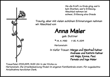Traueranzeige von Anna Maier von Hersbrucker Zeitung