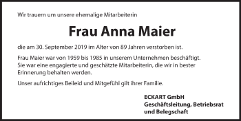 Traueranzeige von Anna Maier von Hersbrucker Zeitung