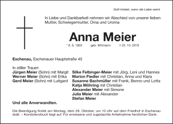 Traueranzeige von Anna Meier von Pegnitz-Zeitung