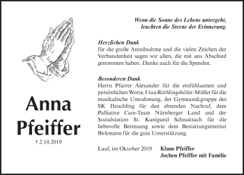 Traueranzeige von Anna Pfeiffer von Pegnitz-Zeitung