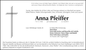 Traueranzeige von Anna Pfeiffer von Pegnitz-Zeitung