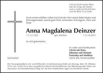 Traueranzeige von Anna Magdalena Deinzer von Pegnitz-Zeitung