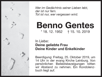 Traueranzeige von Benno Gentes von Der Bote