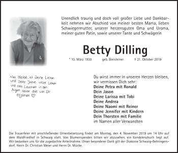 Traueranzeige von Betty Dilling von Pegnitz-Zeitung