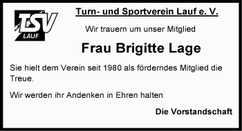 Traueranzeige von Brigitte Lage von Pegnitz-Zeitung