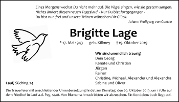 Traueranzeige von Brigitte Lage von Pegnitz-Zeitung