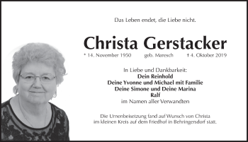 Traueranzeige von Christa Gerstacker von Pegnitz-Zeitung