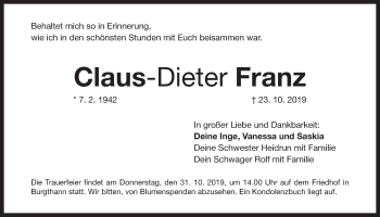Traueranzeige von Claus-Dieter Franz von Der Bote