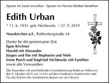 Traueranzeige von Edith Urban von Hersbrucker Zeitung