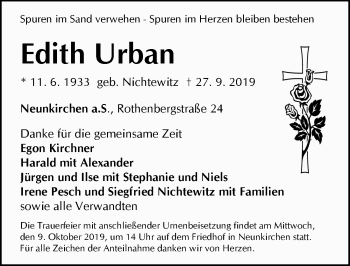 Traueranzeige von Edith Urban von Pegnitz-Zeitung