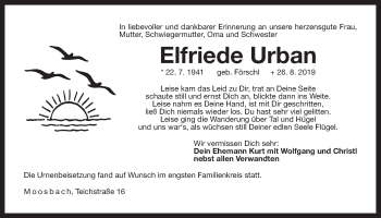 Traueranzeige von Elfriede Urban von Der Bote