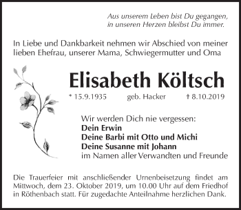 Traueranzeige von Elisabeth Költsch von Pegnitz-Zeitung