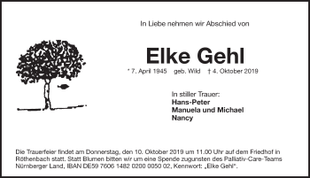 Traueranzeige von Elke Gehl von Pegnitz-Zeitung