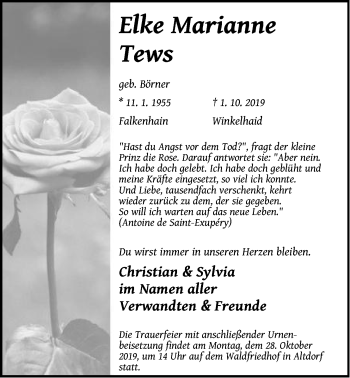 Traueranzeige von Elke Marianne Tews von Der Bote