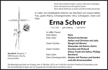Traueranzeige von Erna Schorr von Hersbrucker Zeitung