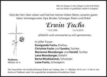Traueranzeige von Erwin Fuchs von Hersbrucker Zeitung