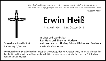 Traueranzeige von Erwin Heiß von Hersbrucker Zeitung